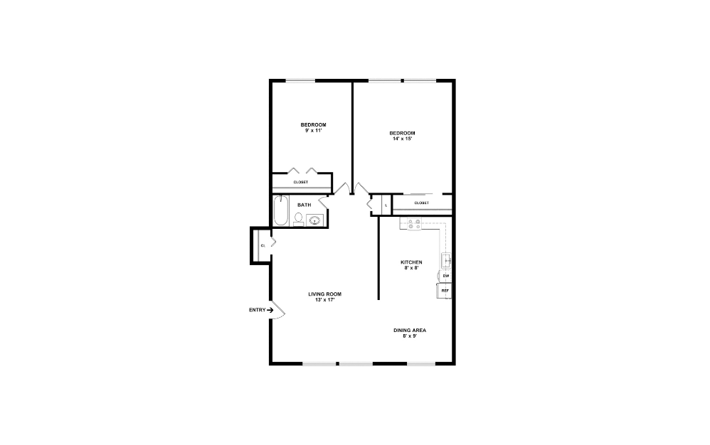 2-bed 1-bath Large Glassboro Terrace Floorplan
